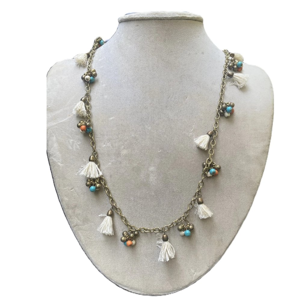 Cara Cara Silver Tassel Coral Turquoise Bead Tennis Station Layering Necklace